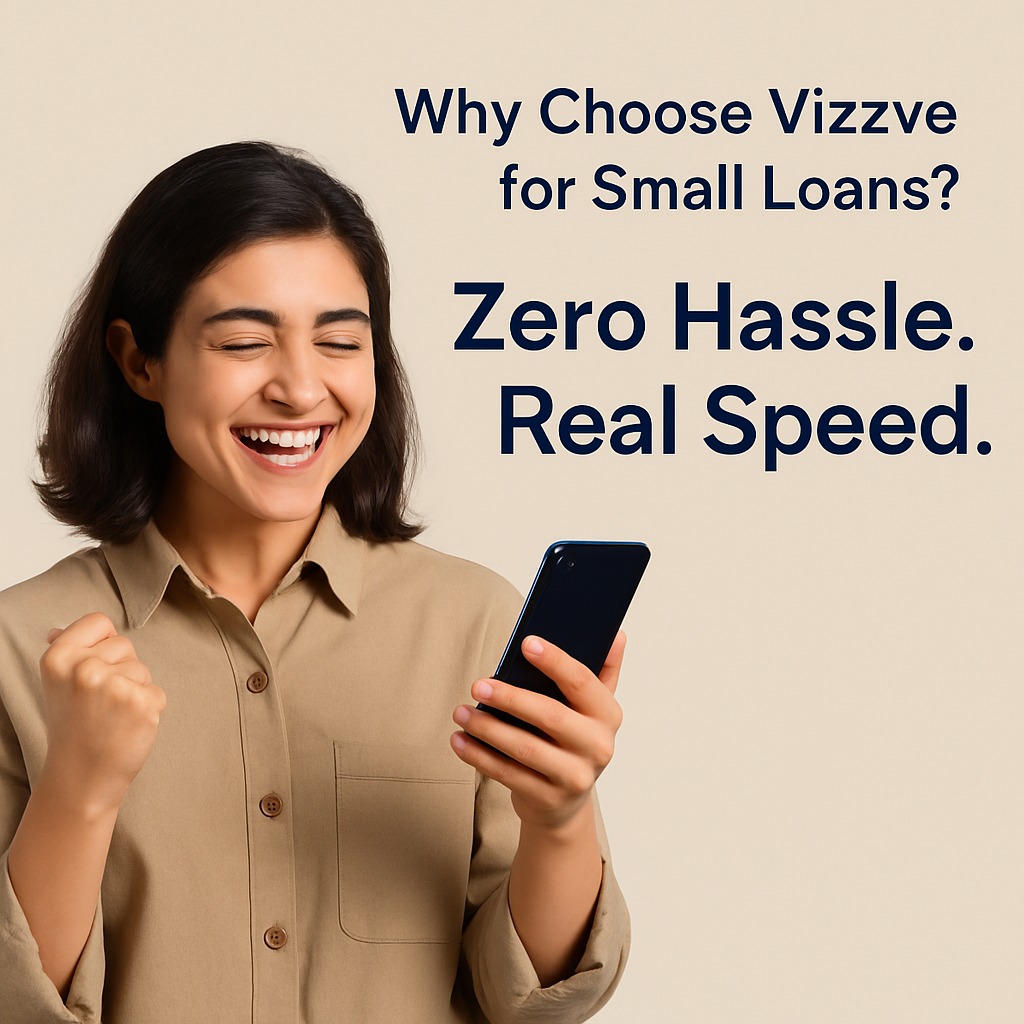 Woman happily receiving small loan approval notification from Vizzve on mobile