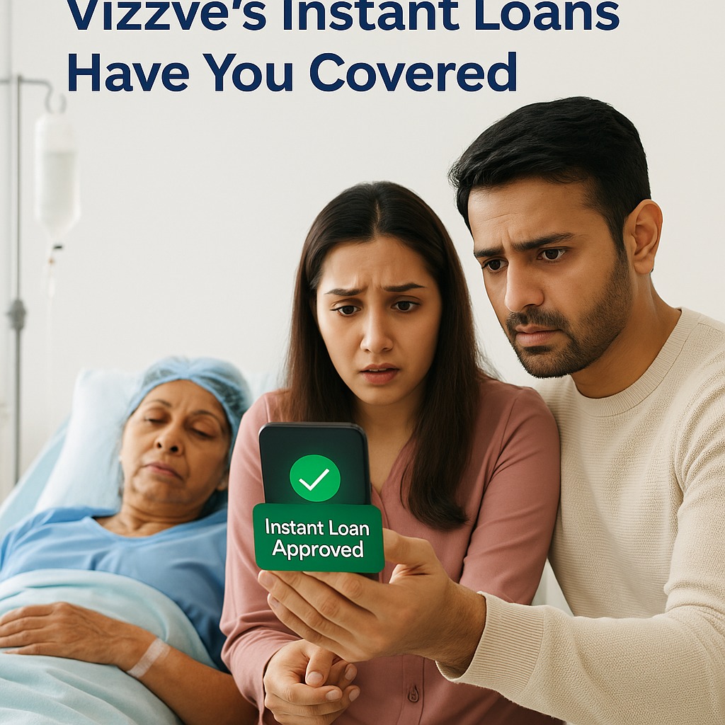 Worried Indian family receiving medical loan approval notification from Vizzve on smartphone