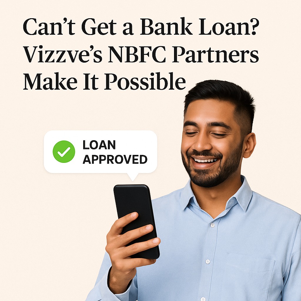 Happy Indian man receiving NBFC loan approval notification on mobile via Vizzve