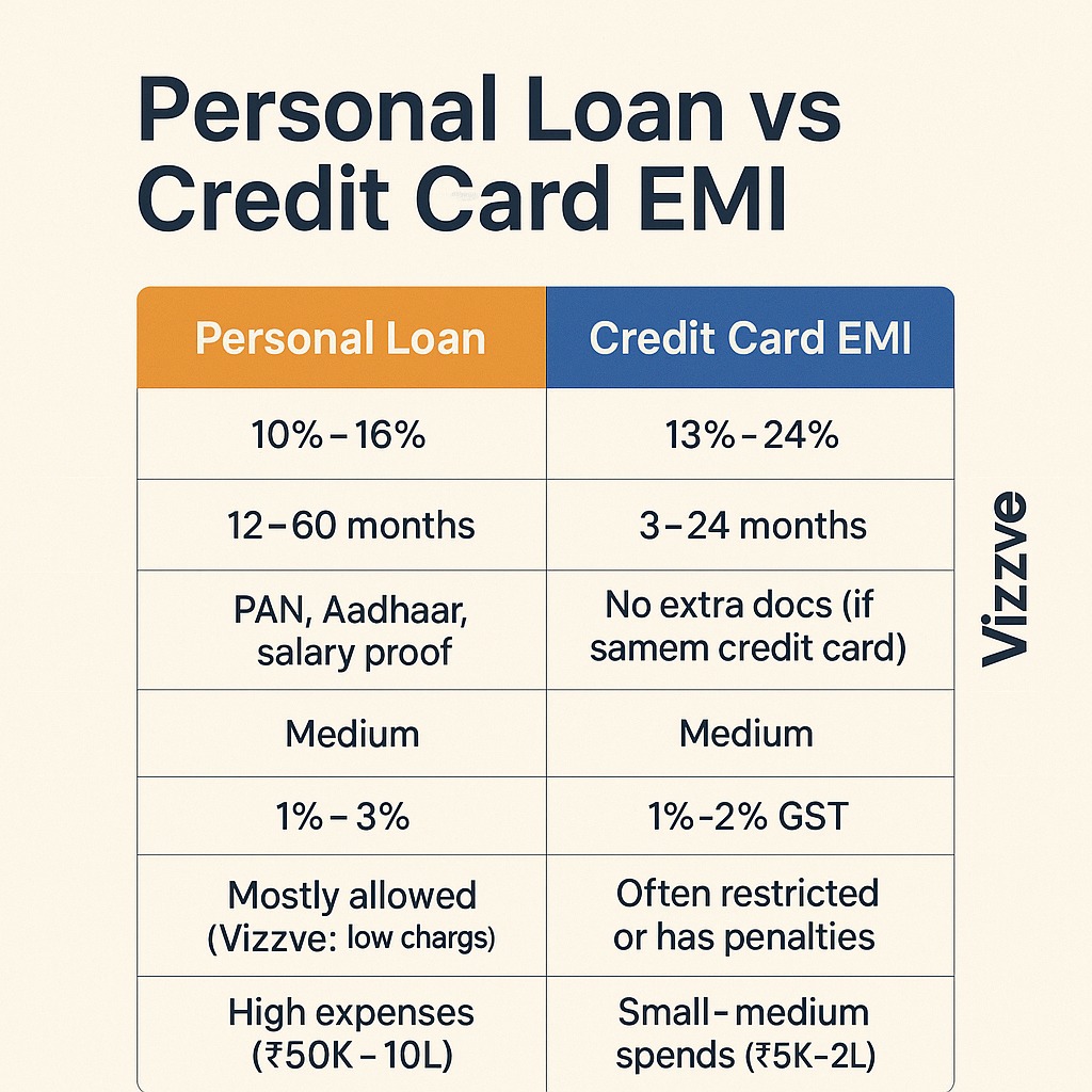 Personal Loan vs Credit Card EMI side-by-side comparison chart – 2025 India