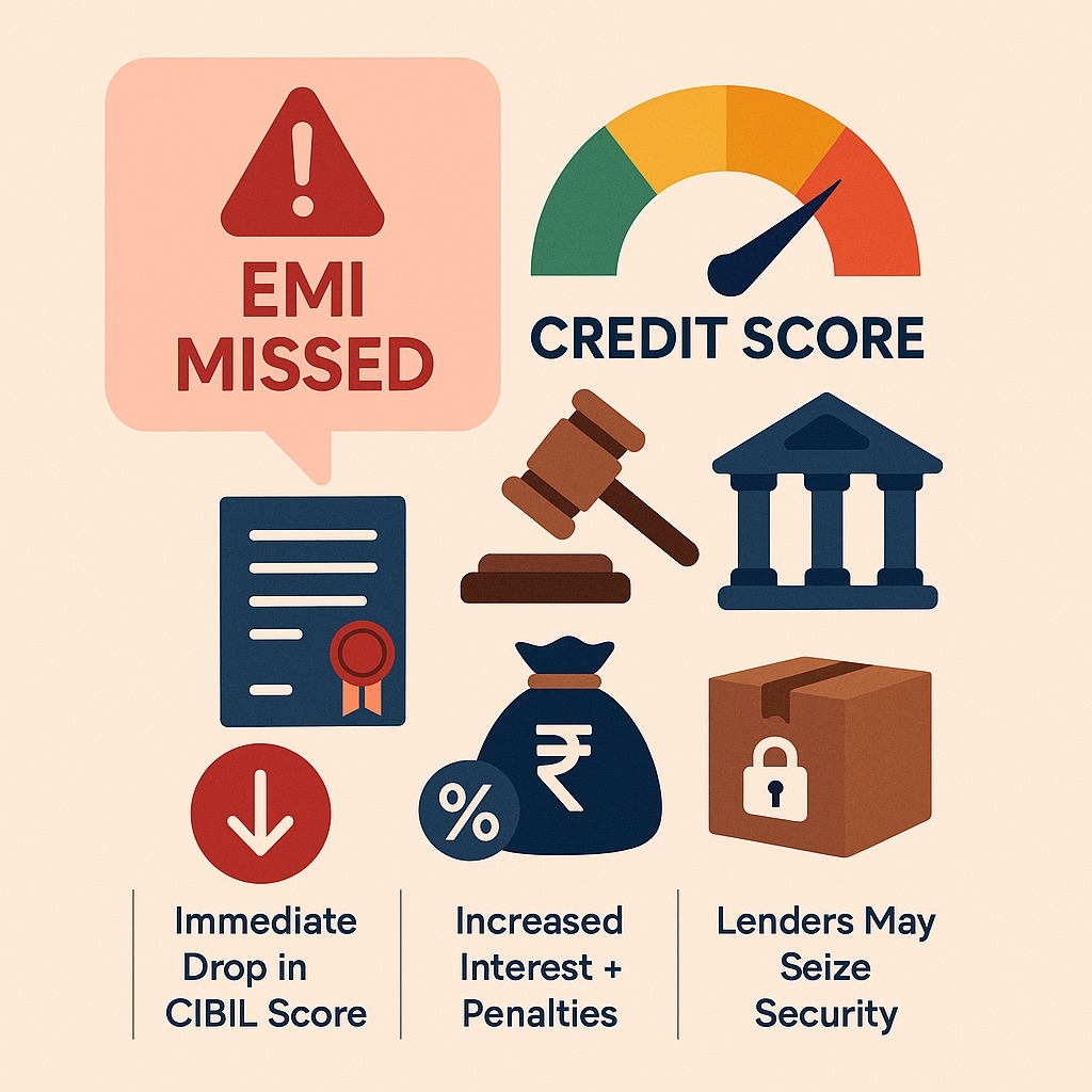 Visual showing EMI missed alert with credit score drop and legal icons – Vizzve Finance