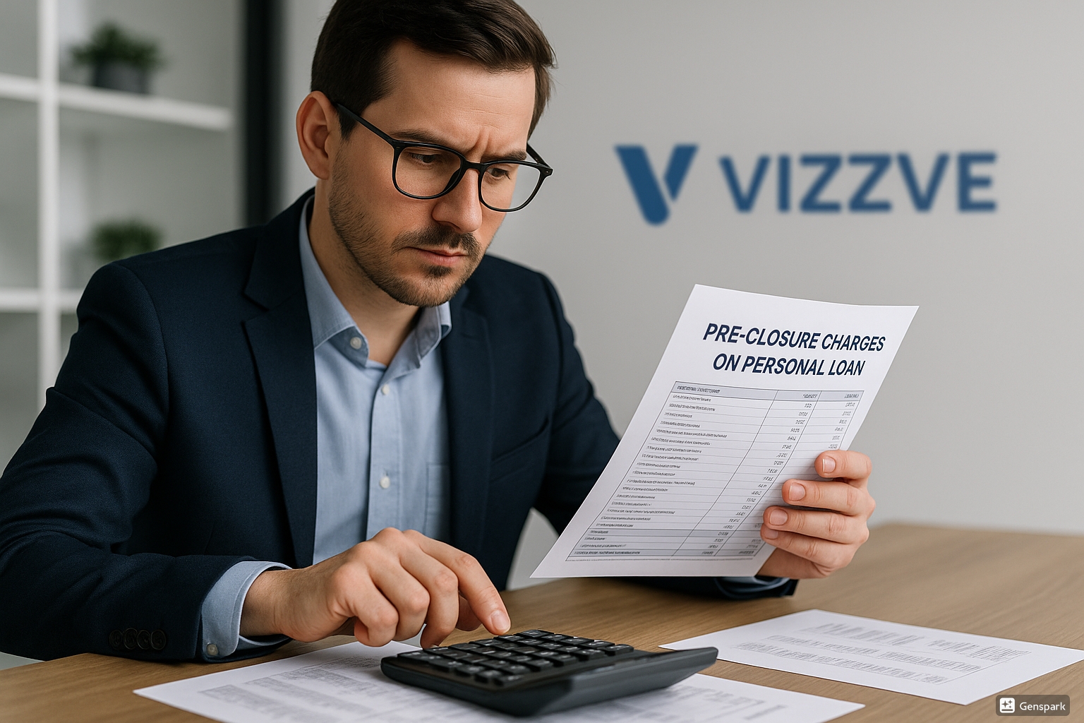 Person calculating pre-closure charges on a personal loan with Vizzve logo in background