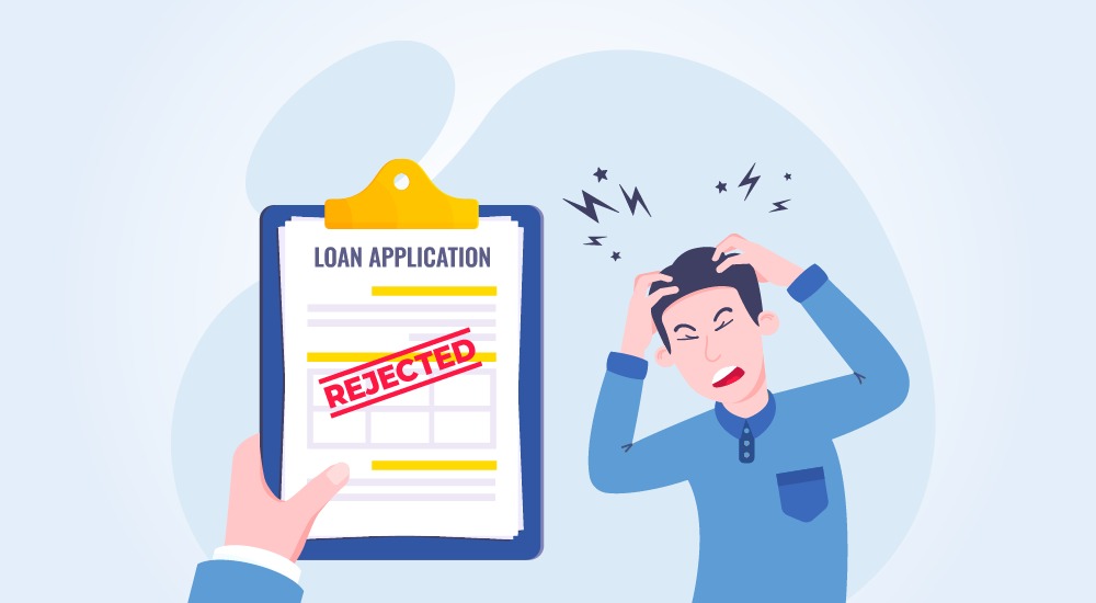 Indian man confused after loan rejection with tips and Vizzve Finance logo in background