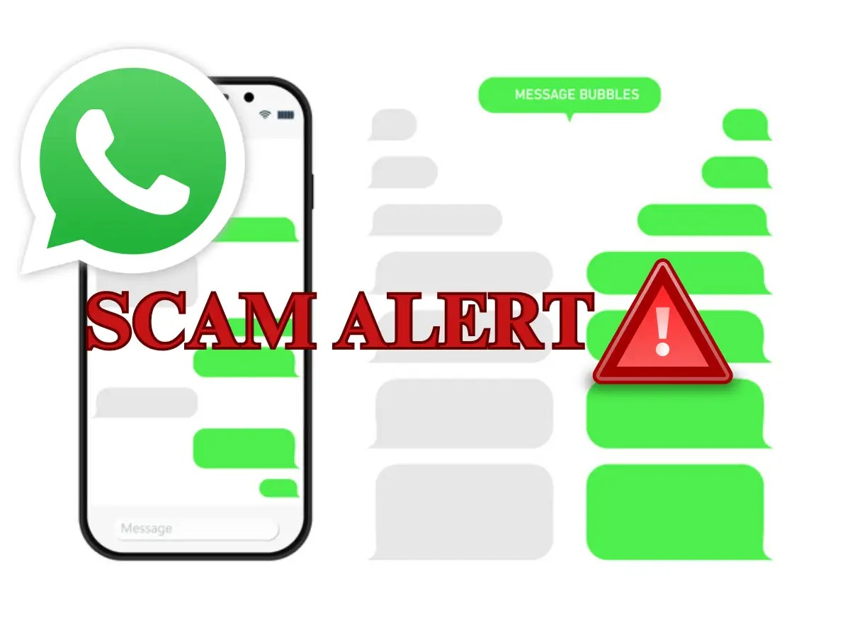  WhatsApp chat bubble with fake loan message and alert icons, Vizzve logo
