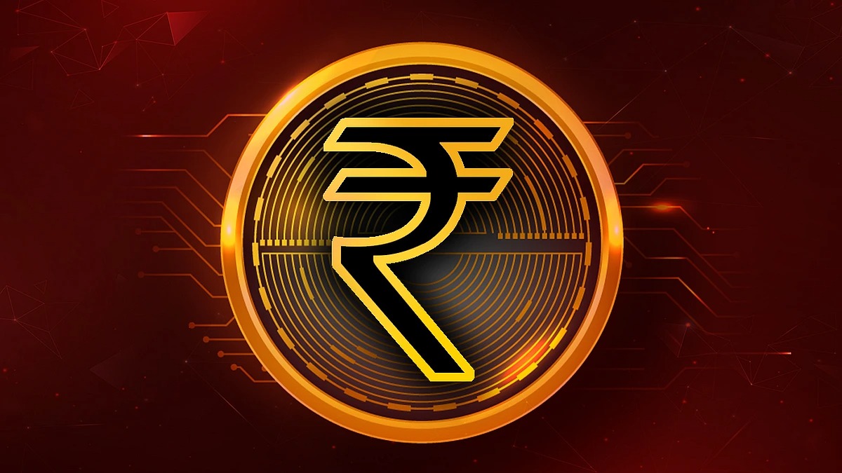 RBI digital rupee symbol glowing on a smartphone during a retail transaction in India
