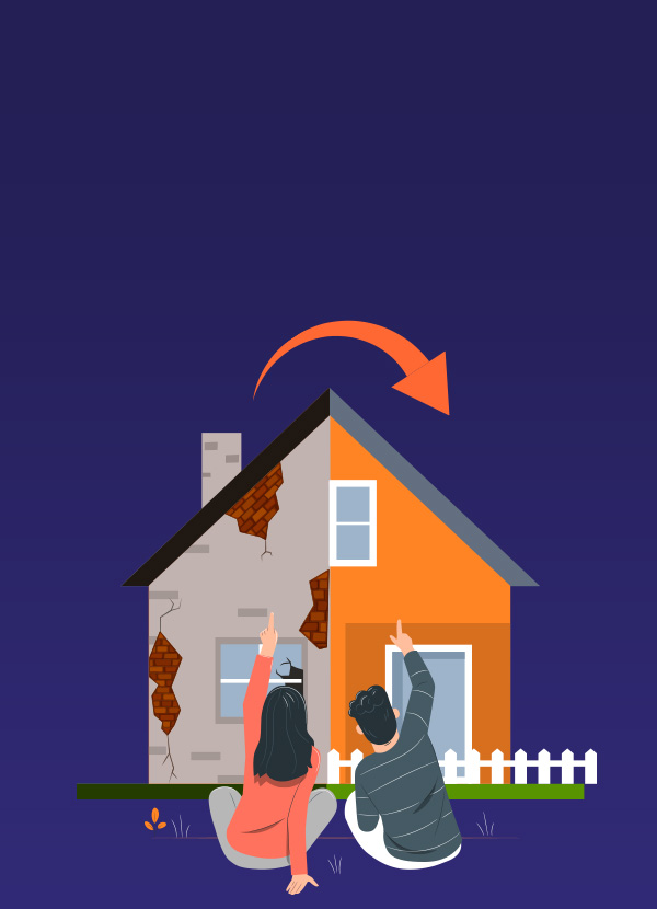 Indian couple reviewing renovation plans with a contractor inside their partially renovated home.