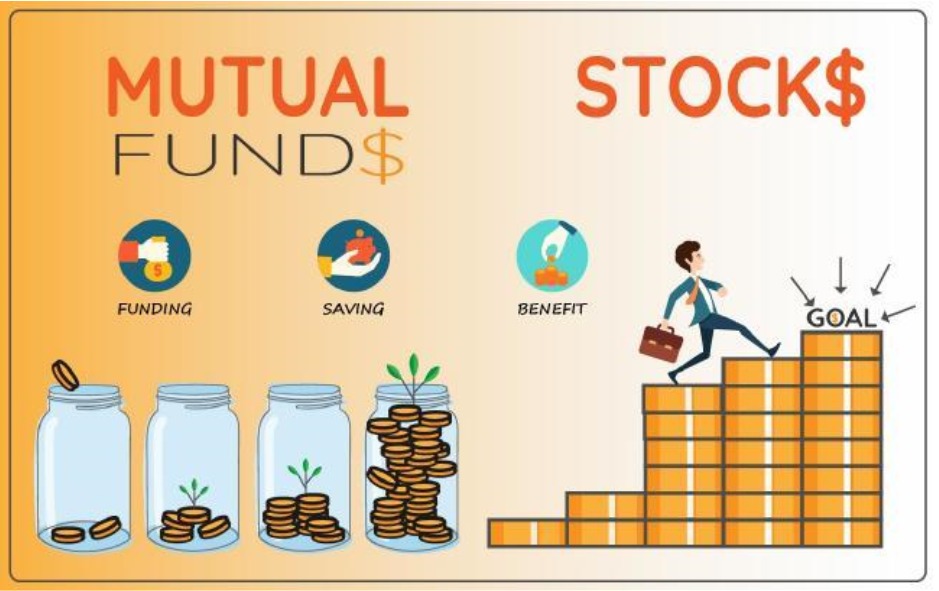 A scale balancing mutual funds and stocks, representing investment comparison.