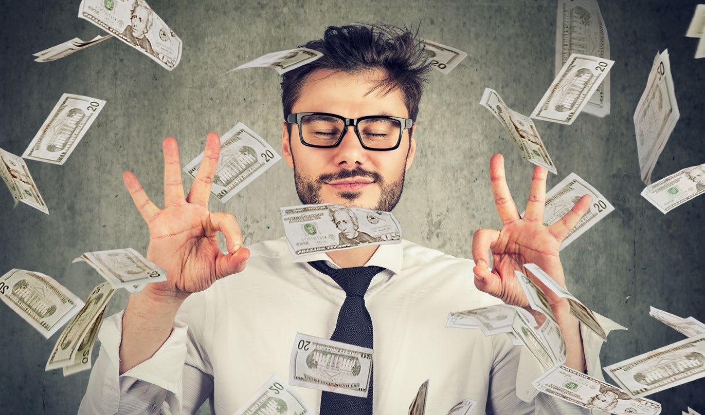 Calm person meditating with financial icons showing stability and peace