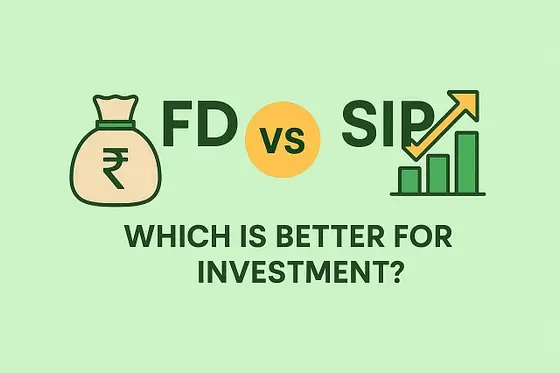 SIP vs FD comparison graphic with money plant and safe locker representing each option