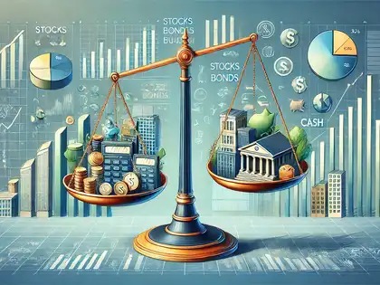 Investor adjusting asset allocation on a digital dashboard with pie charts and growth icons