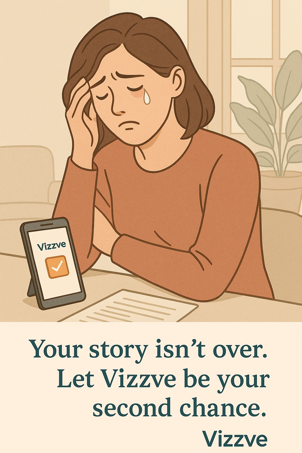 A person holding their head, looking worried with financial documents, while a Vizzve loan approval notification appears on their phone with a calming effect.