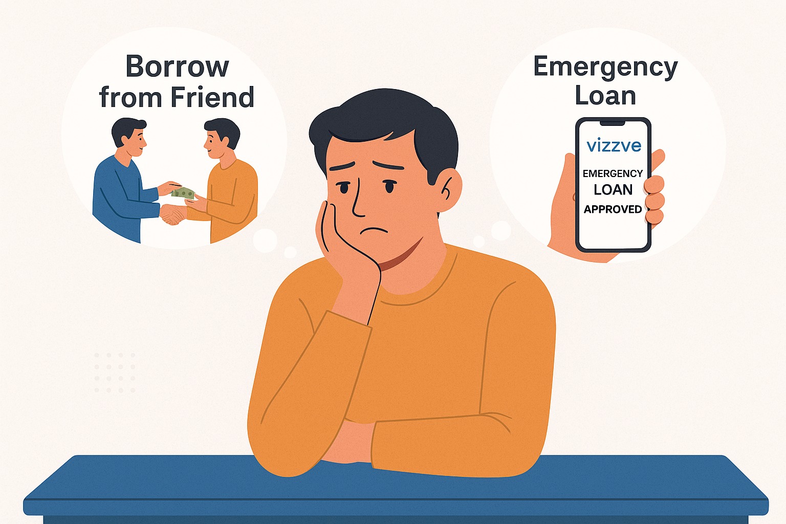 A stressed person weighing two options – borrowing from a friend vs. applying for a Vizzve emergency loan.