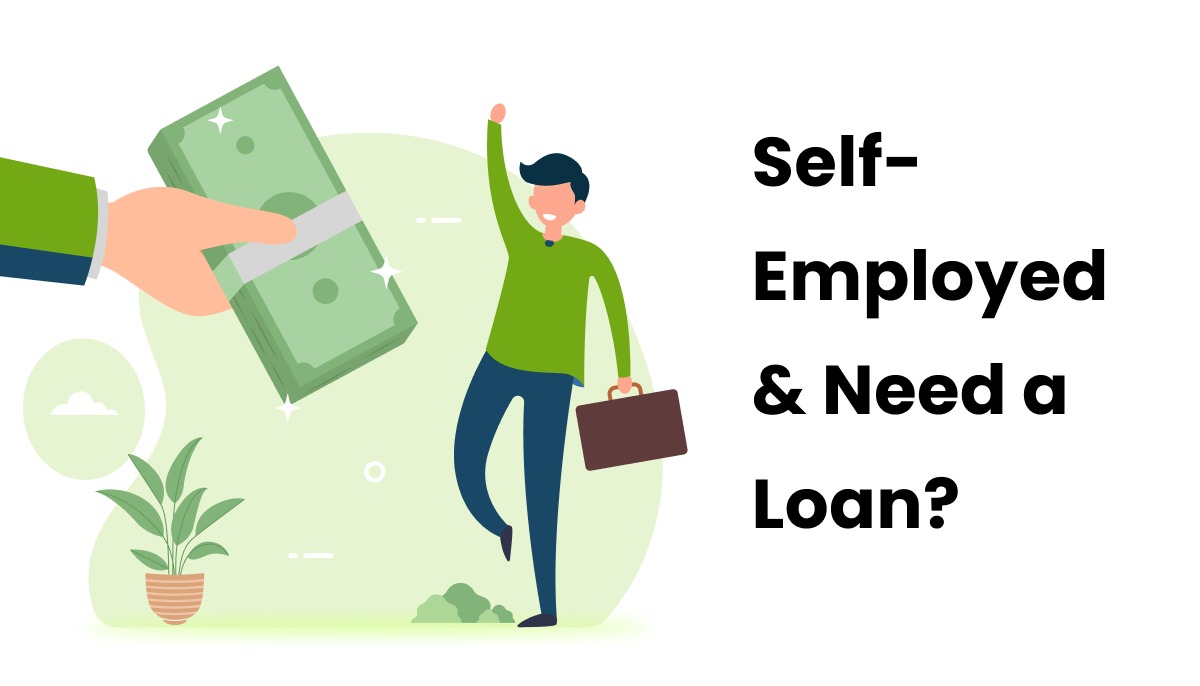 Self-employed person at a desk with tax files and a laptop showing the Vizzve loan application screen.