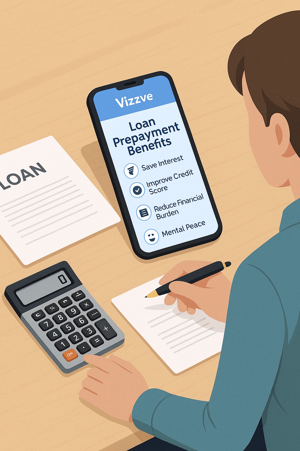 A person using a calculator with loan documents and the Vizzve app open, considering early loan prepayment.