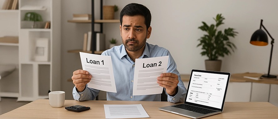 A person looking at two loan application screens side-by-side, confused about managing both loans responsibly.