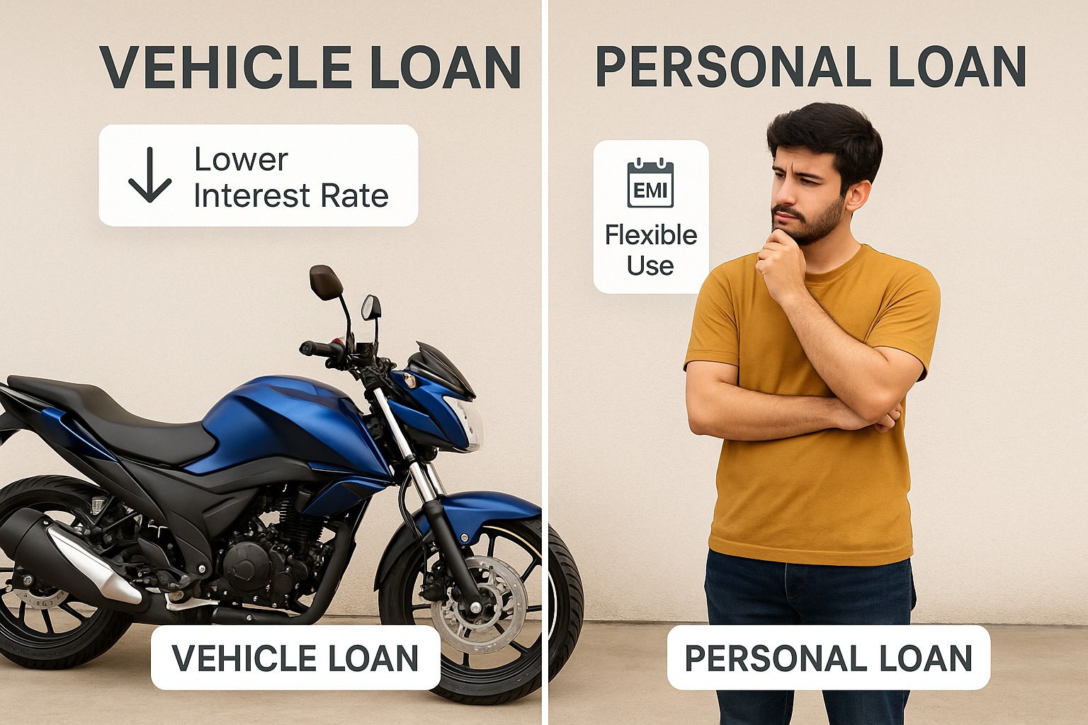 Split image of a person choosing between a vehicle loan and a personal loan to buy a new bike, with EMI and interest rate symbols.