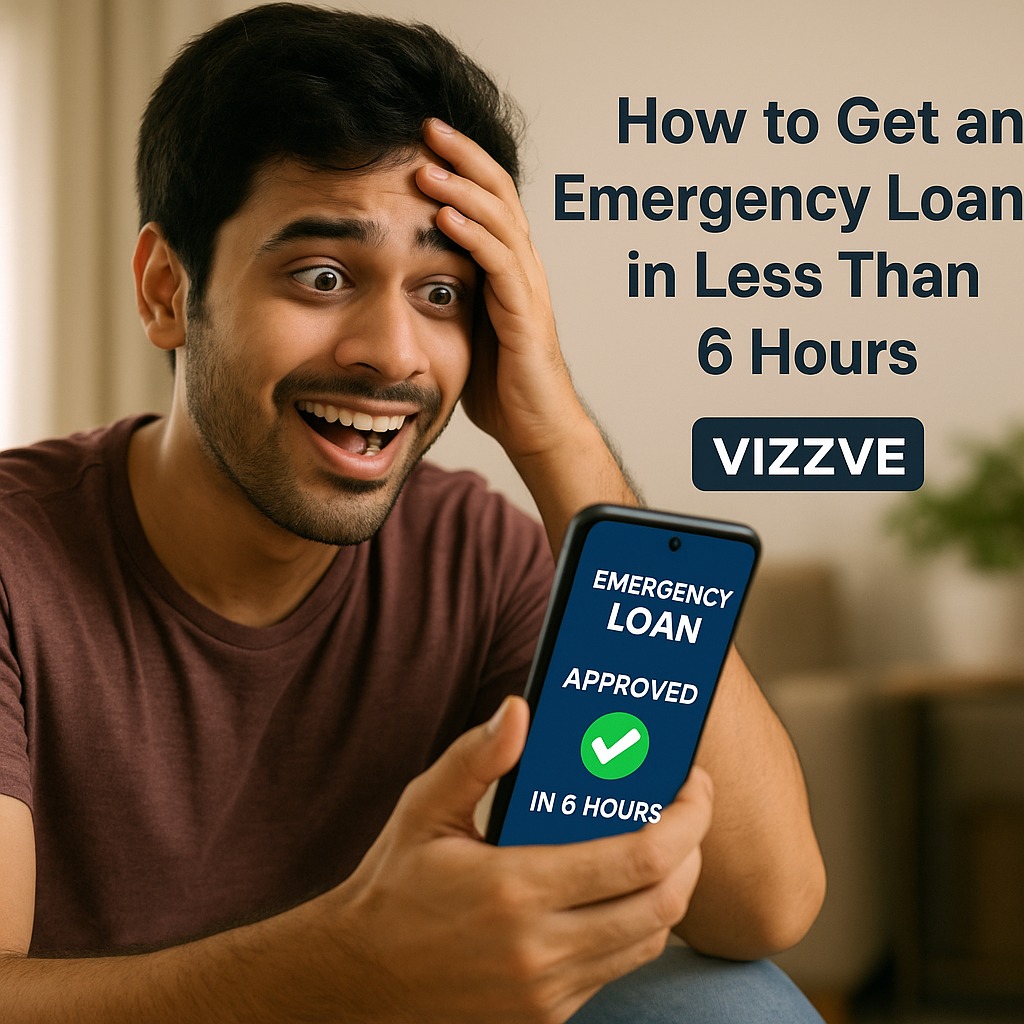 A stressed young man receiving instant emergency loan approval on his phone, showing "Approved in 6 Hours" with Vizzve branding.