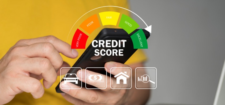 A digital meter showing credit utilization percentage with green, yellow, and red zones, alongside a loan approval stamp and Vizzve branding.
