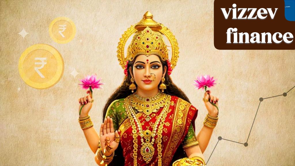 Illustration of Goddess Lakshmi surrounded by symbols of her eight distinct blessings in vibrant traditional style