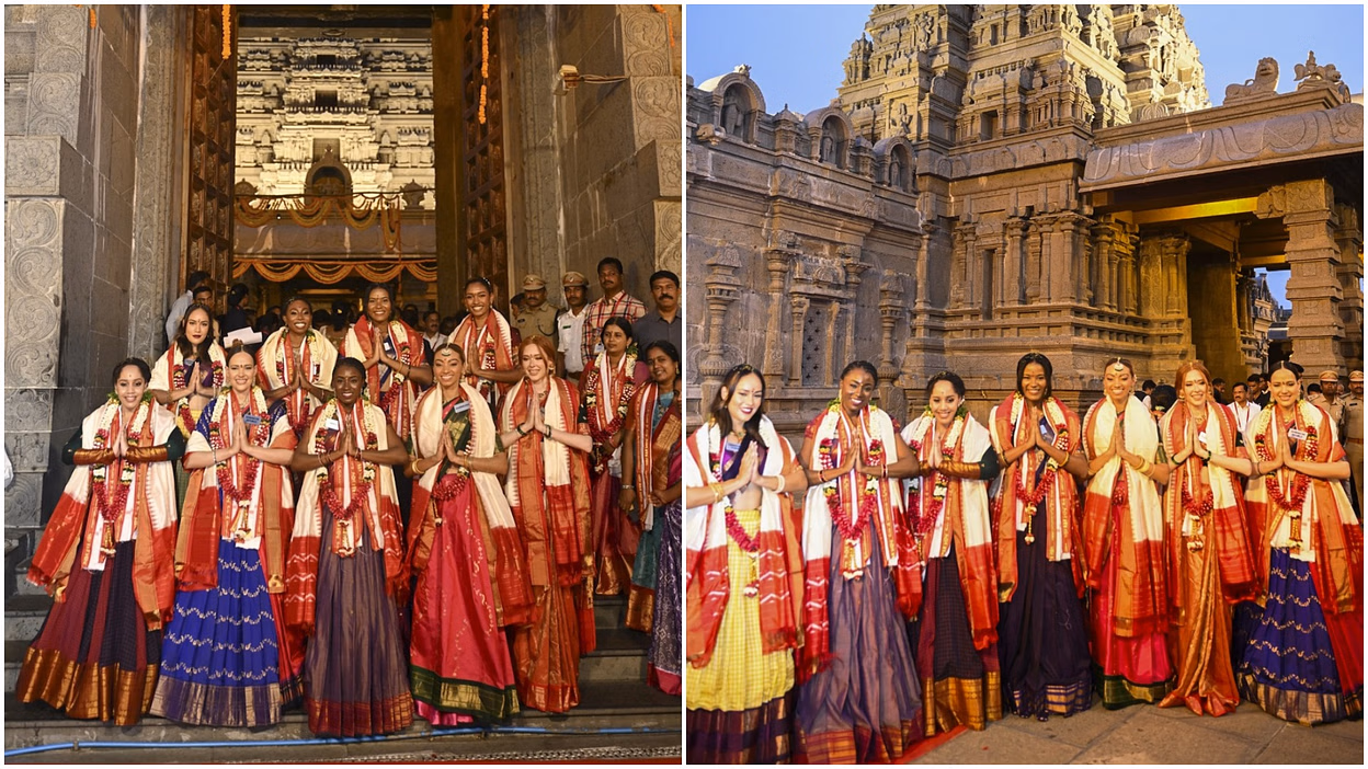 Miss World 2025 contestants dressed in sarees praying inside Telangana’s Ramappa Temple during their cultural visit