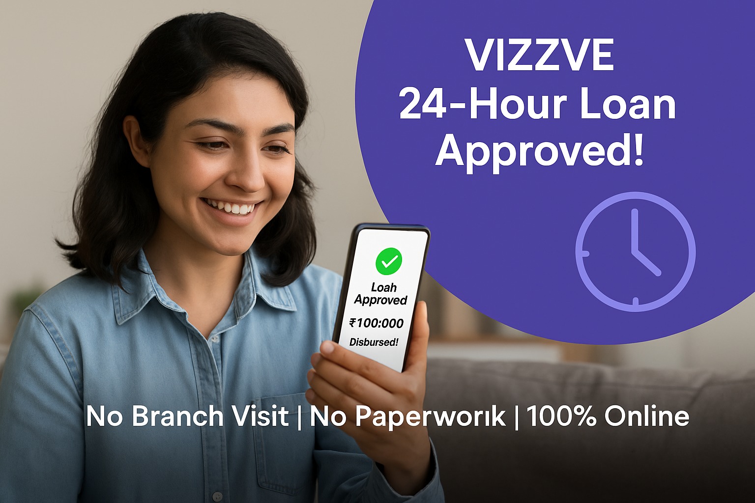 Vizzve app showing 24-hour personal loan approval with instant disbursal for salaried user