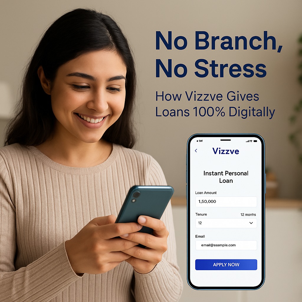Smiling young woman using Vizzve app on mobile phone to get an instant digital personal loan without visiting a bank