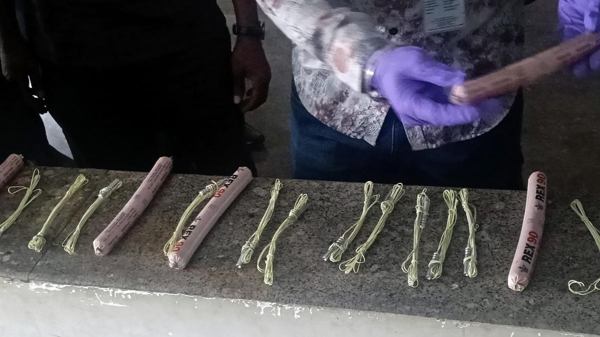 Police seizing gelatine sticks and detonators at Kalasipalya bus stand Bengaluru