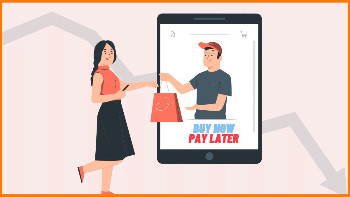 A person swiping their phone to approve a Buy Now Pay Later purchase, with warning signs around their head indicating financial danger.