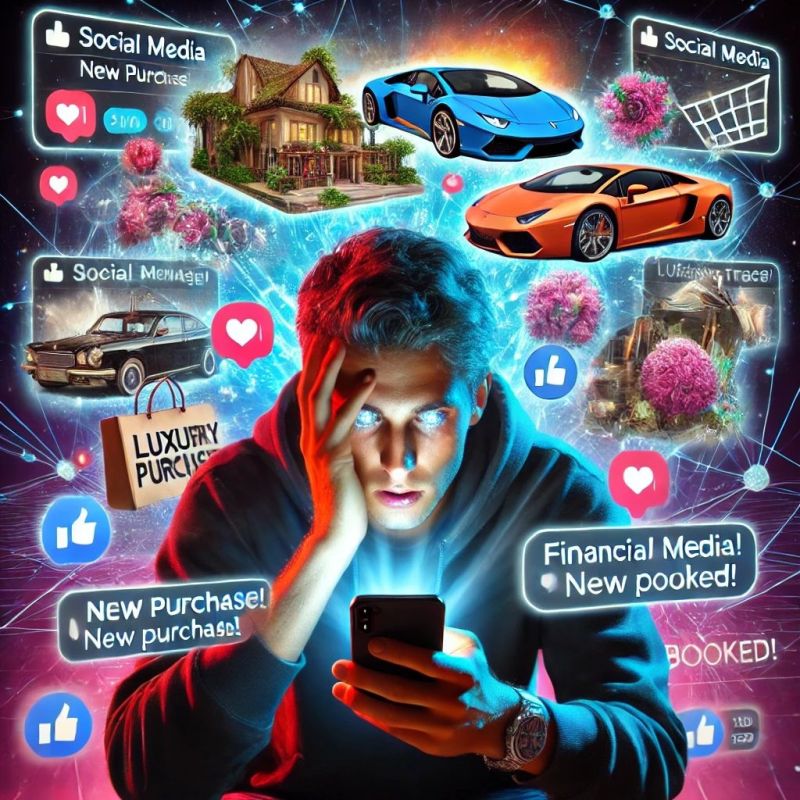 A person scrolling through social media surrounded by money symbols, credit card alerts, and financial advice pop-ups.