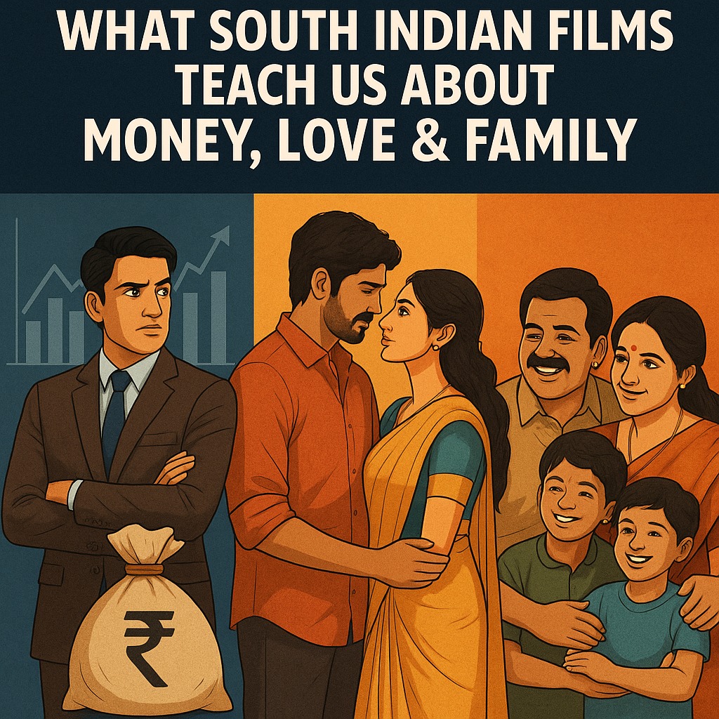 A symbolic scene from a South Indian film showing family, finance, and romance