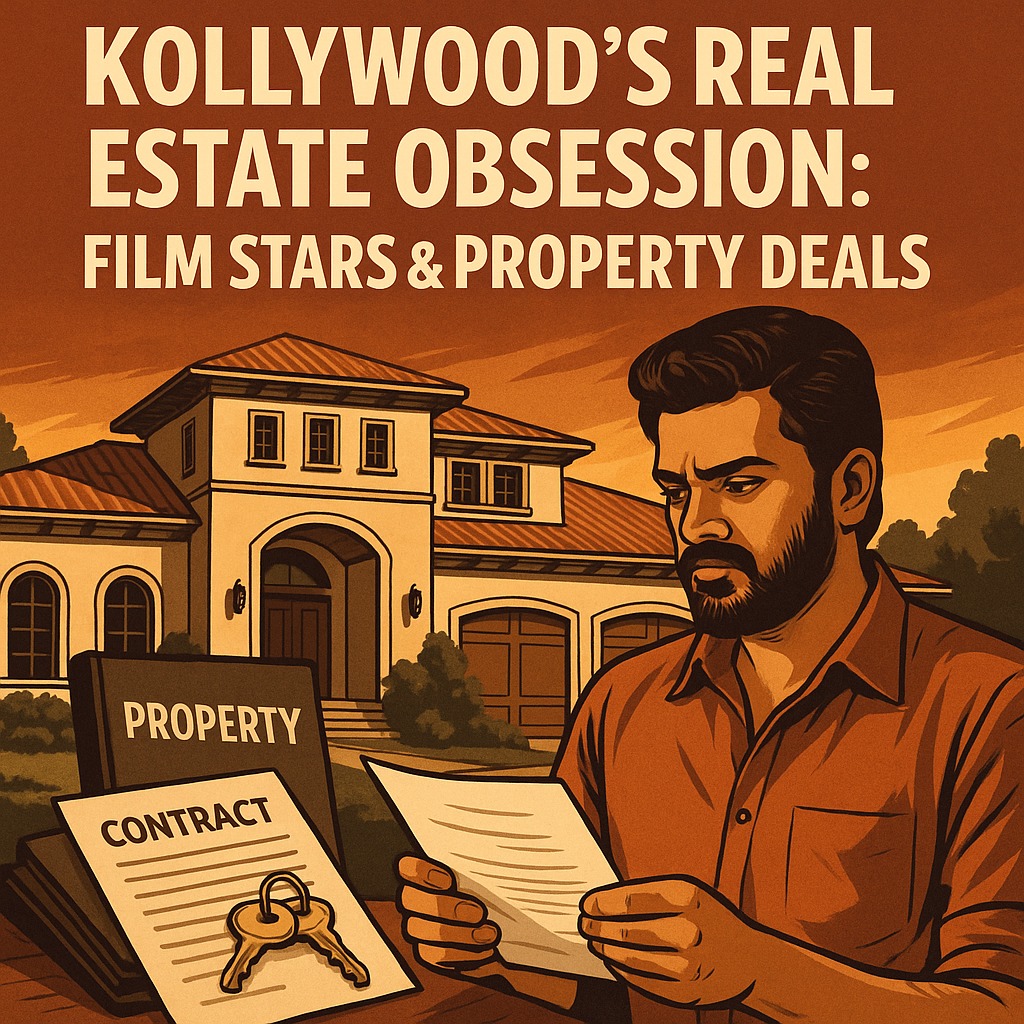 Tamil film star in front of a luxury home with property documents