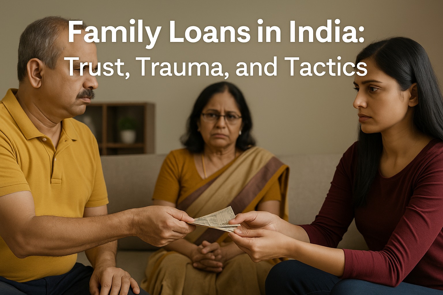 An Indian family exchanging money with emotional tension