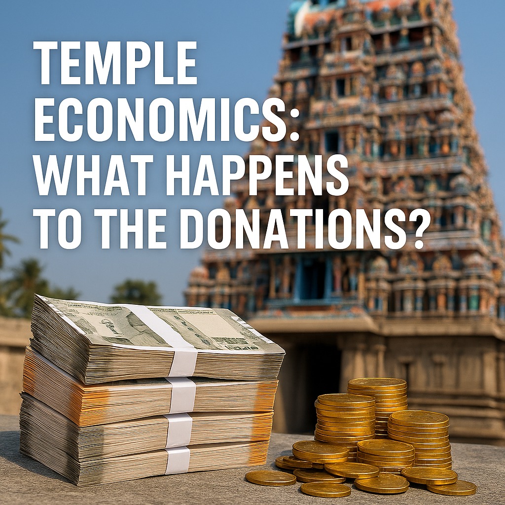 Pile of cash and gold coins in front of a South Indian temple