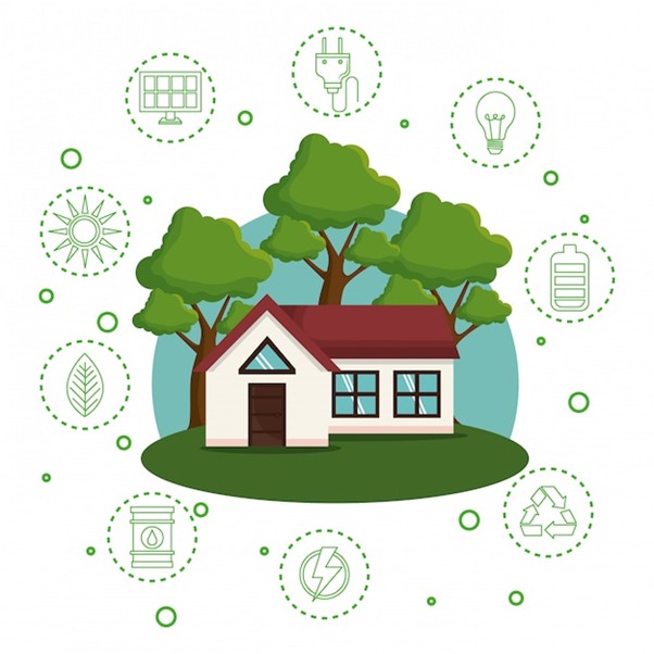 Illustration of an eco-friendly home with solar panels, greenery, and a loan document beside it.