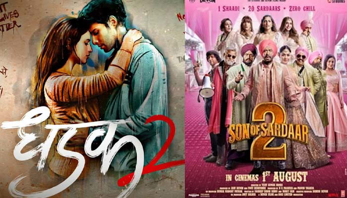 Poster of Dhadak 2 and Son of Sardaar 2 side by side with dramatic and comic themes