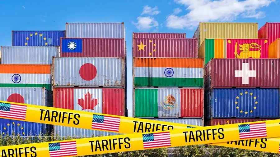 Flags of India, Pakistan, and Bangladesh with US tariff percentages shown on trade containers