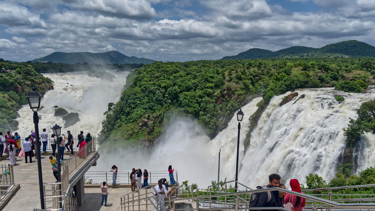 Monsoon-fed Shivanasamudra waterfalls in Karnataka flowing at peak volume