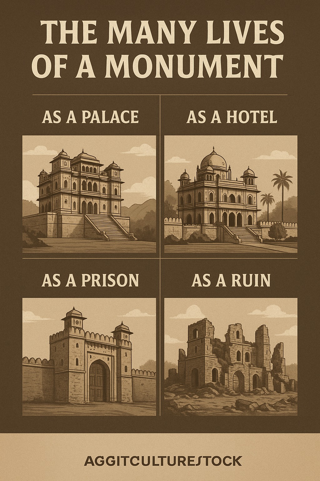 A collage showing a historical Indian fort as a palace, a hotel, a prison, and a ruin over time.