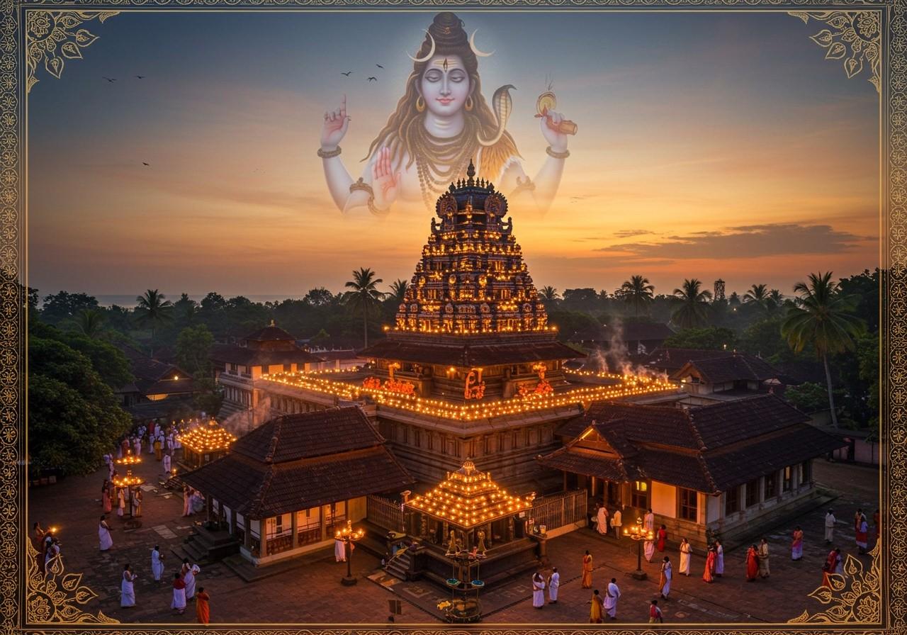 Ancient Indian temple with misty background and mythological overlays like Shiva, sages, and cosmic symbolism.