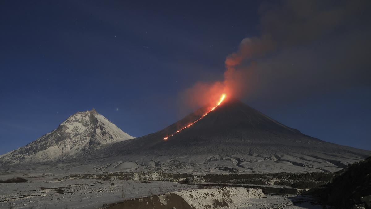 Lava flowing down the western slope of Klyuchevskoy volcano in Russia's Kamchatka Peninsula during eruption following earthquake