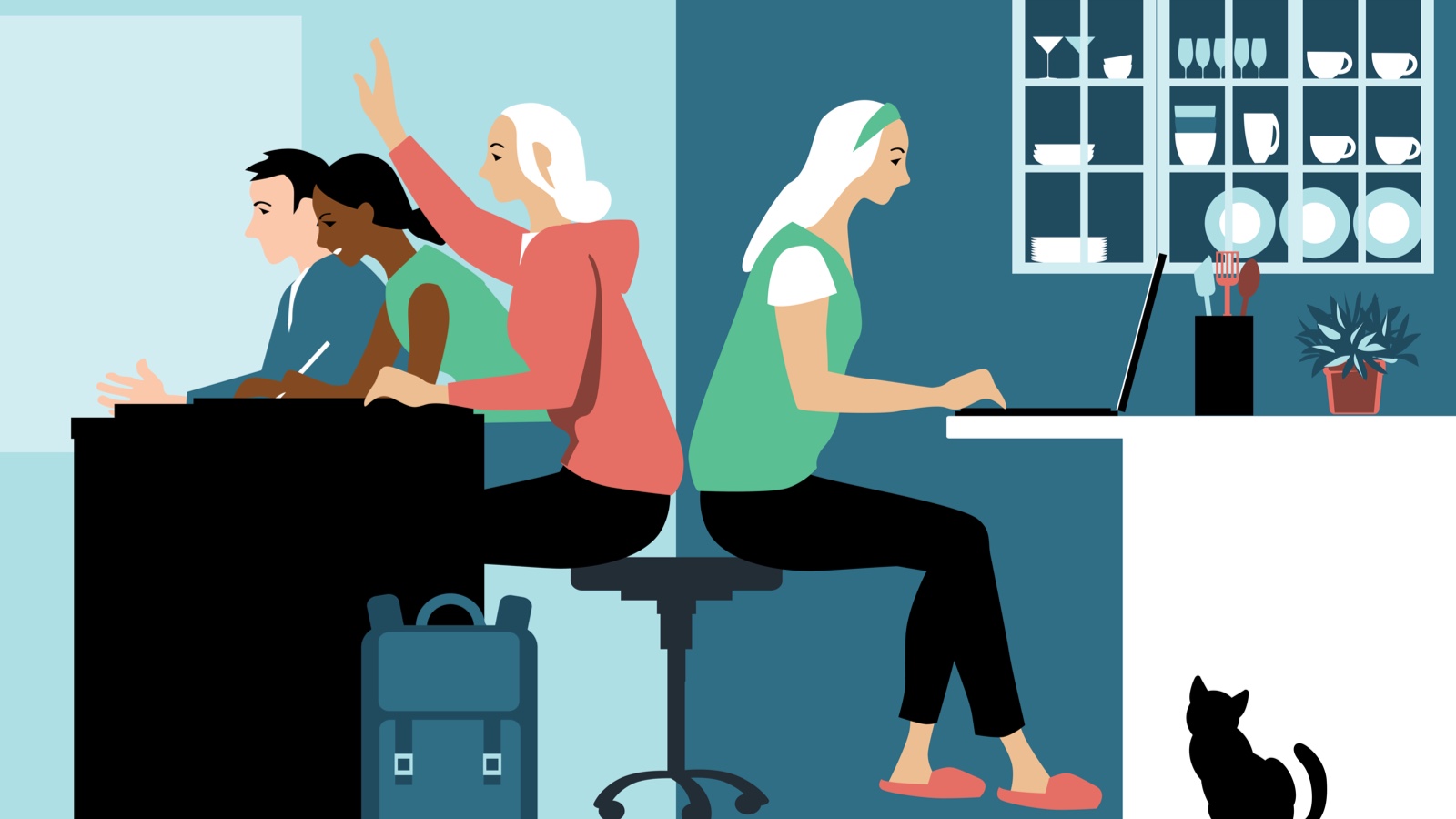 A teacher instructing a hybrid classroom where half the students are online and half in-person.