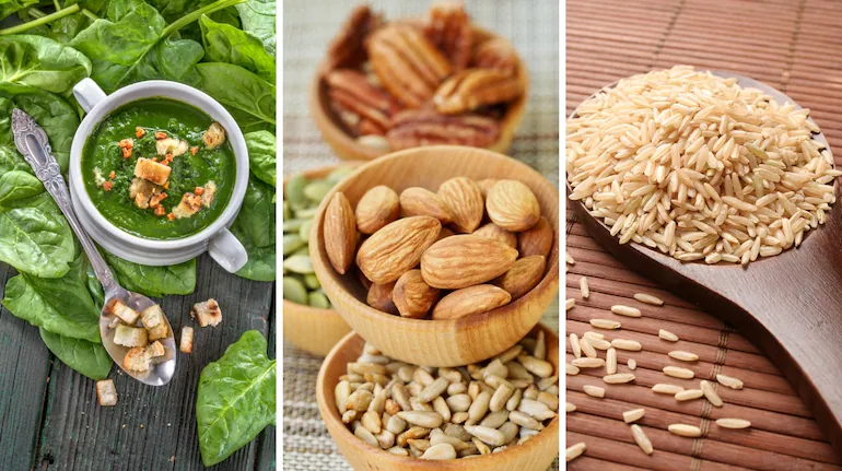 Close-up of magnesium-rich foods like nuts, seeds, leafy greens alongside a focused person working on a laptop