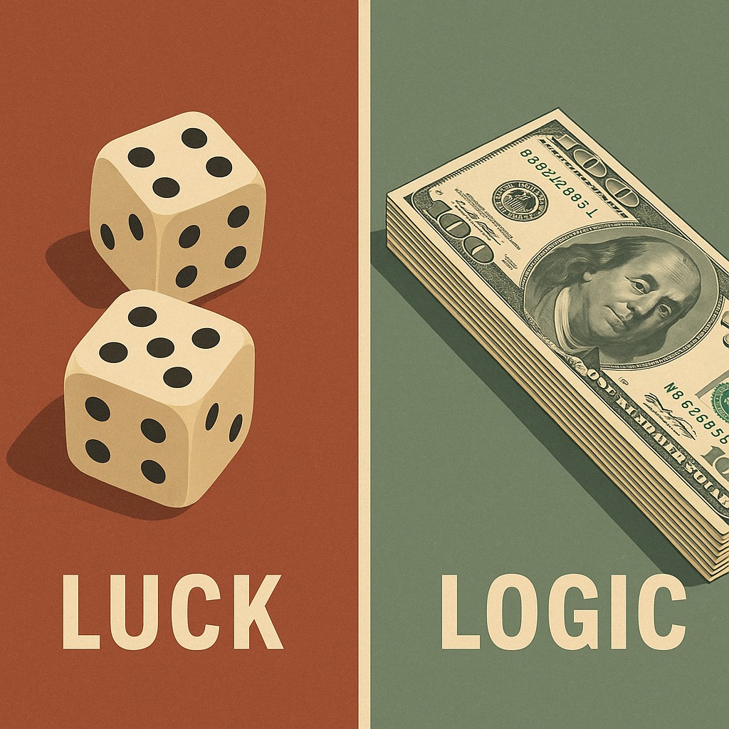 Dice and money representing luck vs logic in financial choices