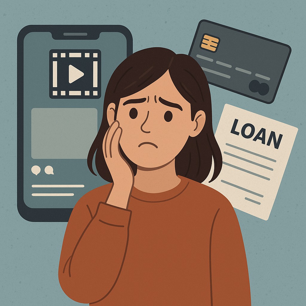 A Gen Z teen surrounded by a smartphone, credit card, and loan document with confused expression