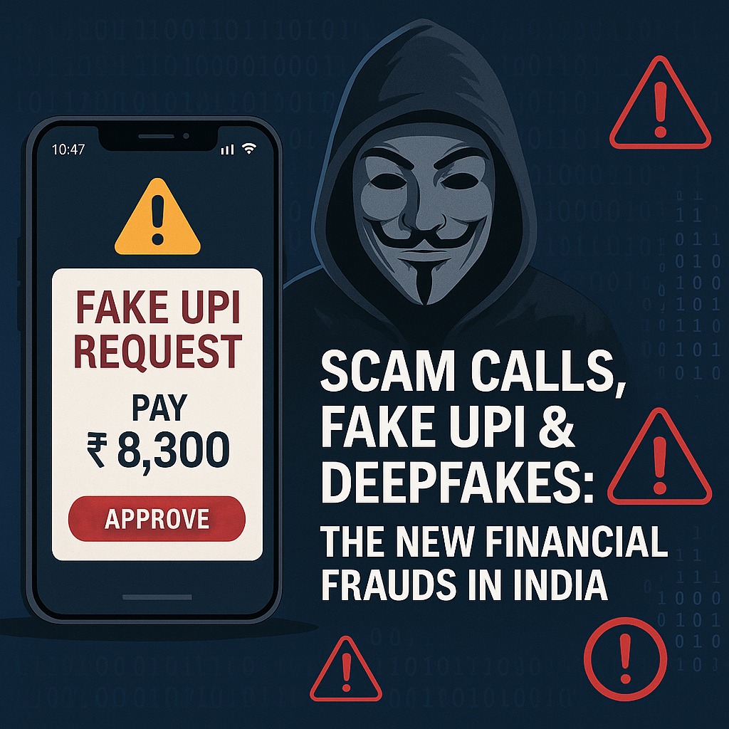 Smartphone showing fake UPI request, masked scammer in background with digital warning signs