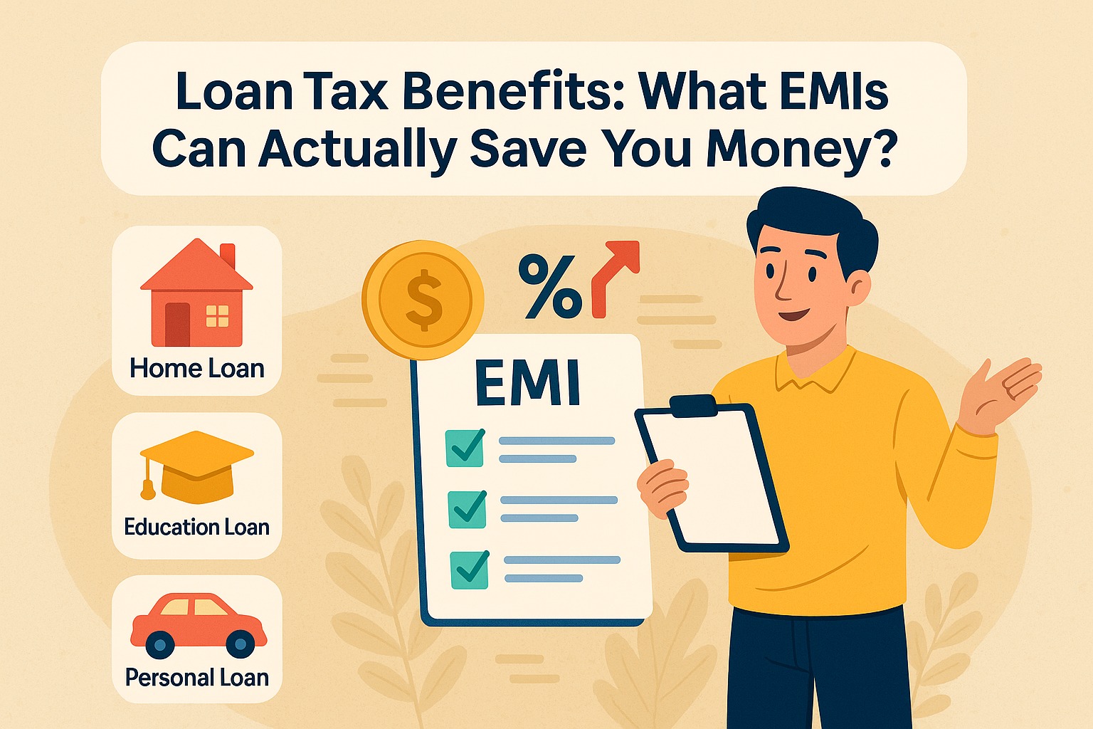 Illustration showing a person holding EMI documents with tax savings symbols and loan types