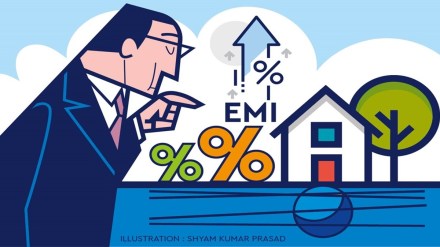 Illustration showing a person managing multiple EMIs with banks evaluating creditworthiness