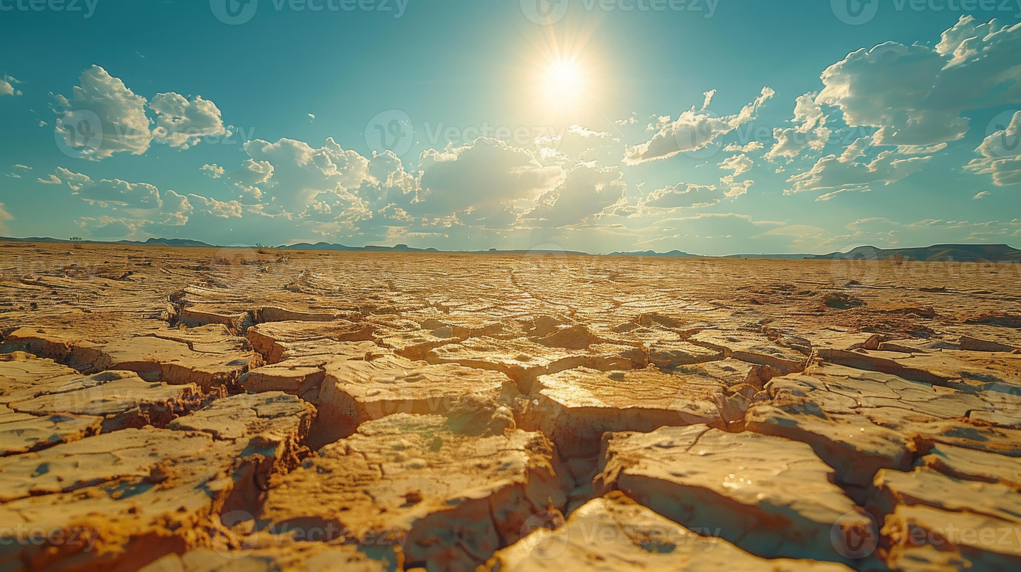 Dry cracked land under scorching sun with rain clouds in the background, symbolizing heatwave during monsoon