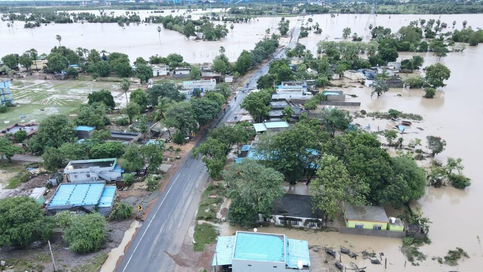 Aerial view of parched and flooded fields in Telangana reflecting erratic rainfall patterns
