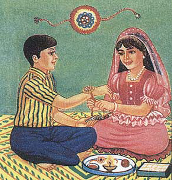 Rakhi tied on wrist with ancient scrolls and Mughal artwork in background